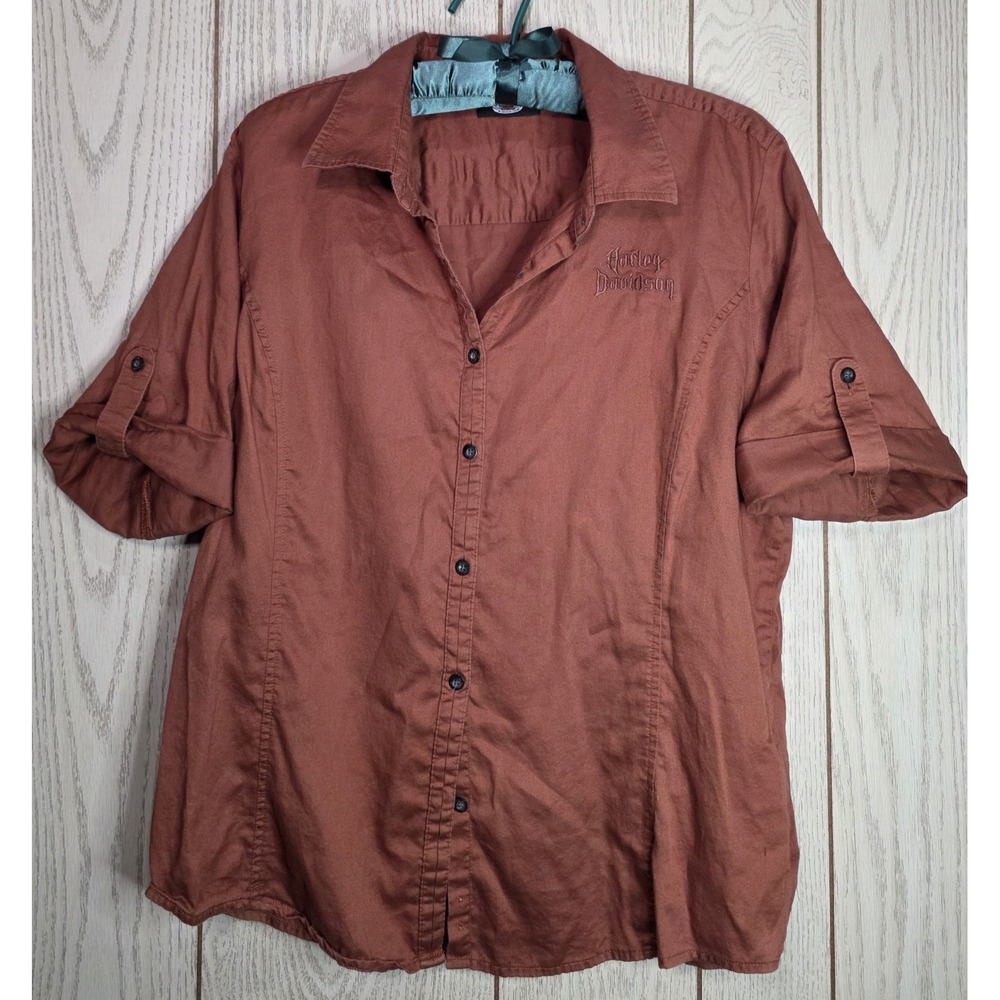 Harley-Davidson Button-Up Shirt Womens XL Orange Embroidered Short Sleeve EUC